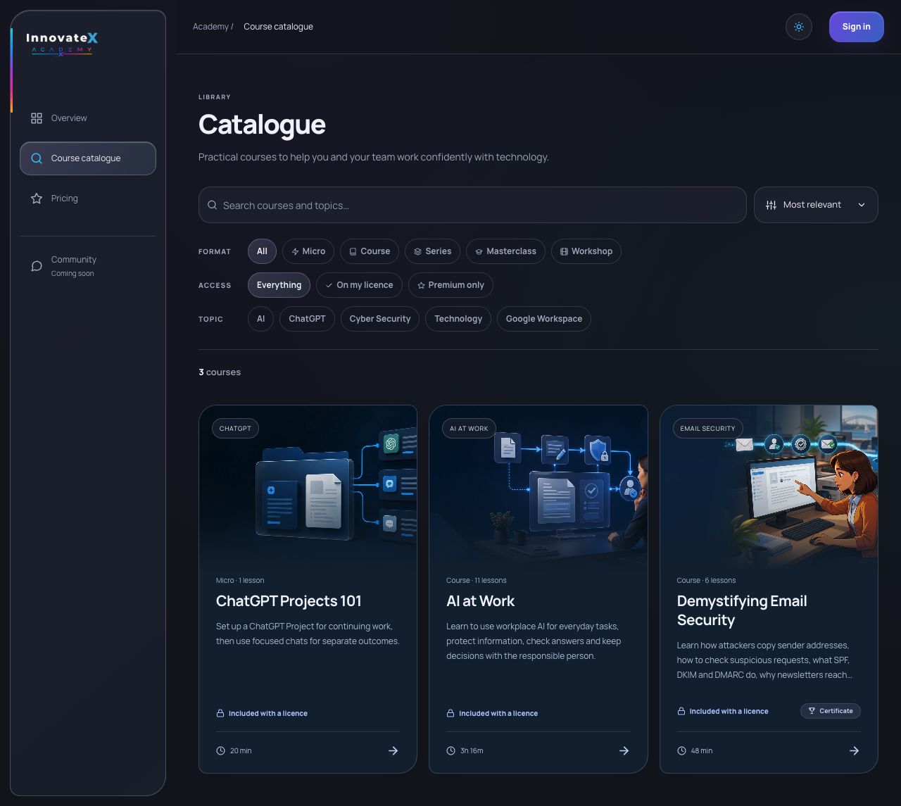 Current InnovateX Academy catalogue, captured from the live portal: ChatGPT Projects 101, AI at Work and Demystifying Email Security